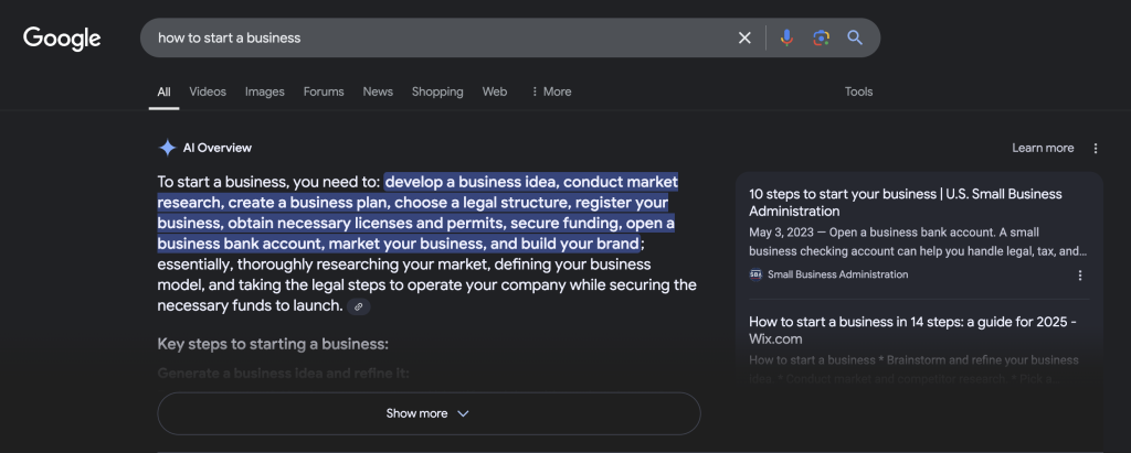 screenshot of Google AI on the search results page.